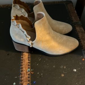 Tan suede booties with ruffle